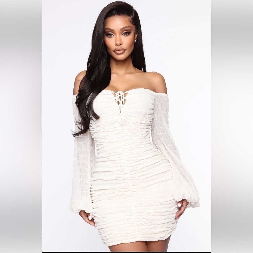 Fashion Nova NWT size S Misbehaved Ruched Mesh Ruched Mini Dress Ivory o… - Picture 1 of 6